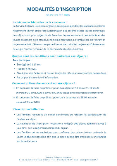 Modalités et fiche de Préinscription - Séjour 2025