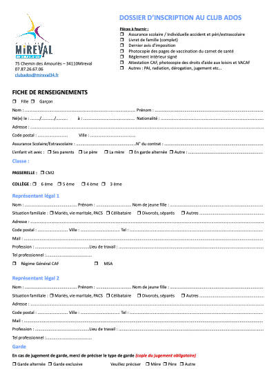 1 - Dossier Inscription Club Ados