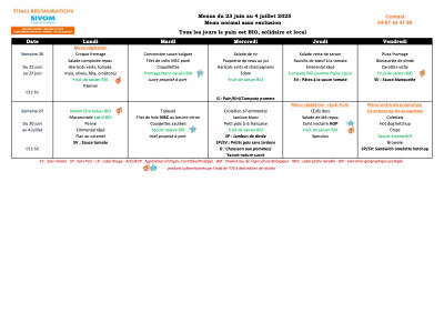 Menus fin Juin 2025
