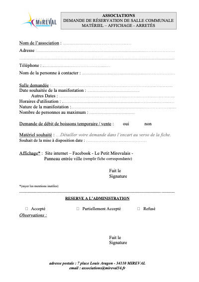 Demande réservation salles communales et matériel VIERGE formulaire