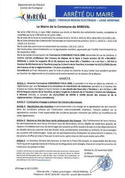 Dépose ligne Haute tension – RD 612 jeudi 24 novembre dès 9h