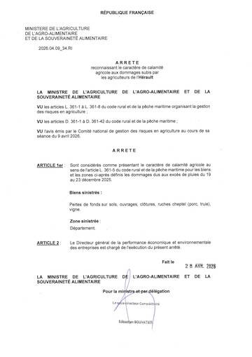 Excès de pluies du 19 au 23 décembre 2025 - dommages subis par les agriculteurs de l'Hérault