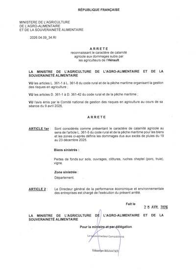 Excès de pluies du 19 au 23 décembre 2025 - dommages subis par les agriculteurs de l'Hérault