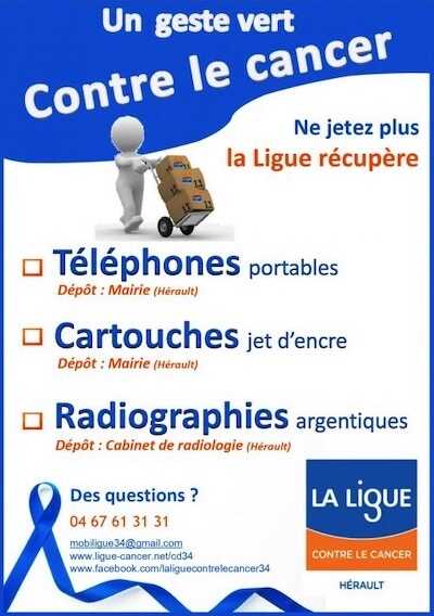 Le CCAS récupère les téléphones portables, les cartouches (jet d’encre)… au profit de la Ligue contre le cancer.