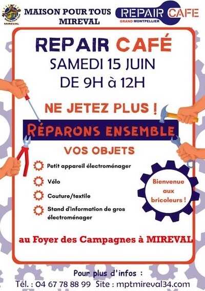 REPAIR CAFÉ – samedi 15 juin – 9h à 12h – Foyer des campagnes